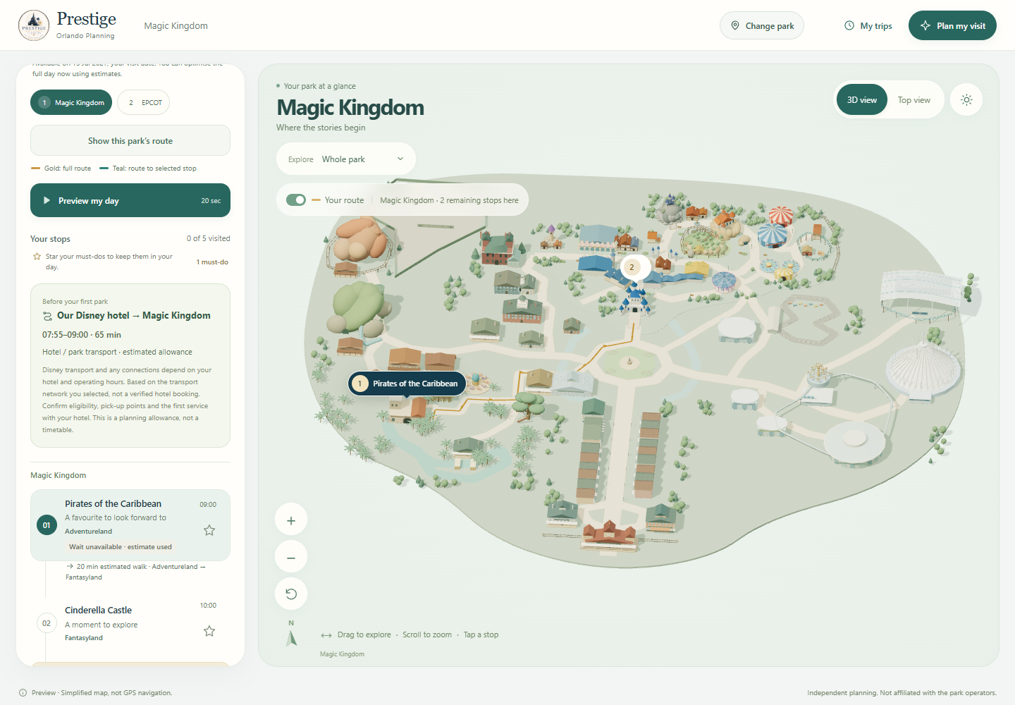 Illustrative Magic Kingdom map with a sample route and an itinerary showing hotel travel and attractions
